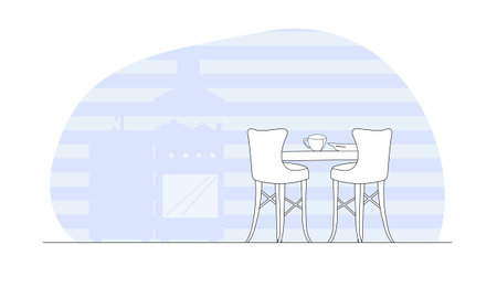 Kitchen outline interior background for website, print, ads. Simple contour dining furniture with kitchen cooking area at the background. Vector illustrationのイラスト素材