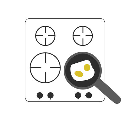 Composition of kitchen gas stove with pan and fried eggs on it. Simple minimal outline objects for interior and receipts design. Vector illustrationのイラスト素材
