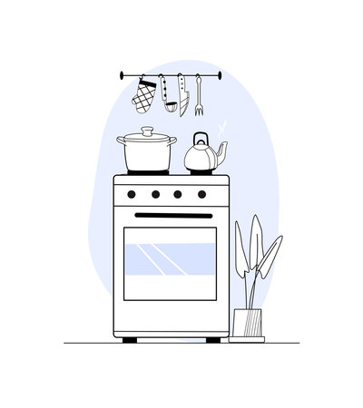 Kitchen cozy interior with stove and utensils in outline style with minor light color. Geometric sketch. Vector illustrationのイラスト素材