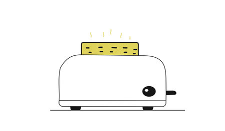 Line hand drawn illustration of toaster with slice of bread inside. Outline simple drawing with minor colorful elements. Vector illustrationのイラスト素材