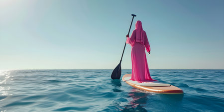 Woman on stand up paddle board in the sea. 3d renderの素材