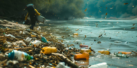 Man collecting plastic waste in the river. Environmental pollution concept. Selective focus.の素材