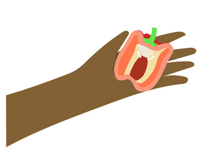 Sliced half of red sweet paprika in the hand. Hand of african american person holding a half of red bell pepper.のイラスト素材