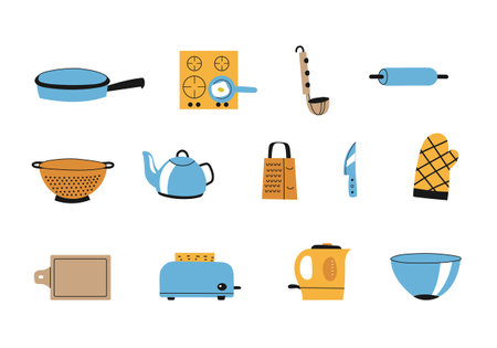 Kitchenware colorful icons set. Kitchen utensils for cooking. Cartoon flat style with black thick line elements.のイラスト素材