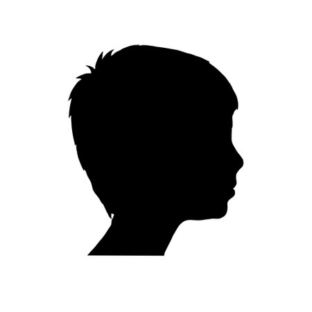 Young boy side view black silhouette face. 5-10 years old child profile picture.のイラスト素材