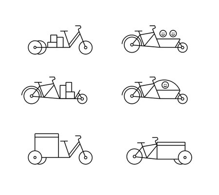 Cargo bicycles and tricycles set of icons, linear with editable stroke.のイラスト素材