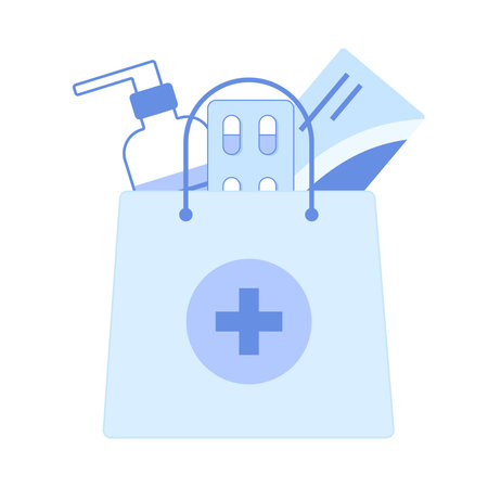 Paper shopping bag, full of medications, bottles, boxes, pills blisters. Set of objects for pharmacy or drug store.のイラスト素材