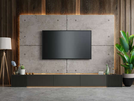 Tv on cabinet the in modern living room the concrete wall,3d renderingの写真素材