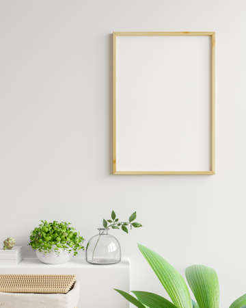 Interior poster mock up with vertical empty wooden frame,Scandinavian style,3d renderingの写真素材