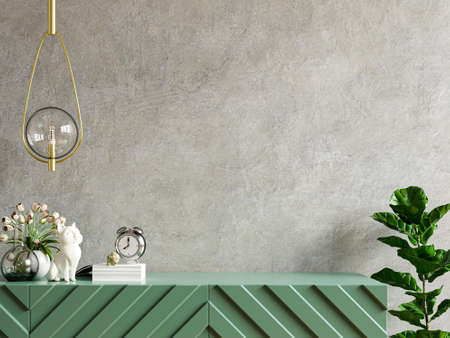 Mockup concrete wall with ornamental plants and decoration item on cabinet ,3d renderingの写真素材