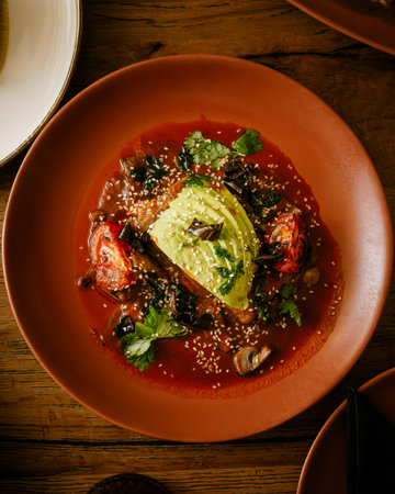 Delicious beef and vegetables in a bowl on a wooden table
