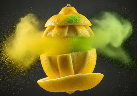 Fruit of orange and lemon with colored powder on a black backgroundの素材