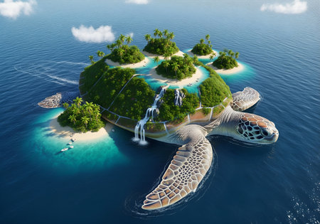 Green turtle on a small island in the ocean. 3d renderの素材