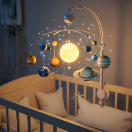 3d rendering of a baby room with moon, planets and starsの素材