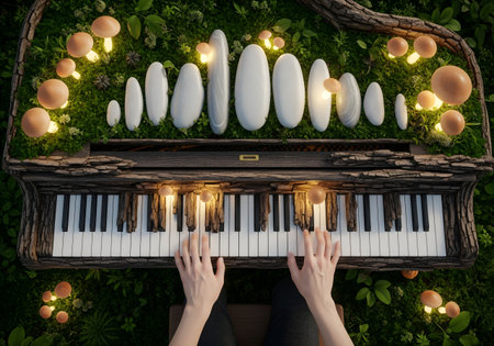 Top view of female hands playing piano in the garden with light bulbsの素材