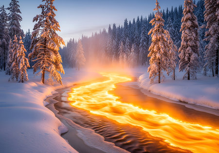 Fantastic winter landscape with frozen river. Dramatic wintry scene. Carpathian, Ukraine, Europe. Beauty world.の素材