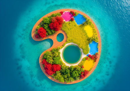 Aerial view of a tropical island in the middle of the oceanの素材