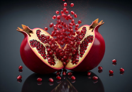 Falling pomegranate fruit with red seeds on black backgroundの素材
