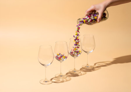 Wine glasses decorated with flowers on a beige background with shadowの素材