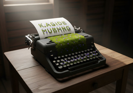Typewriter with a green grass on a wooden table in a dark roomの素材