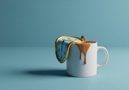 Cup of coffee with alarm clock on blue background. 3d renderingの素材