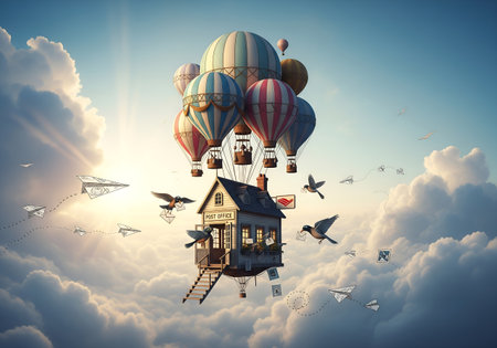 Hot air balloons flying high in sky. Mixed media. Mixed mediaの素材