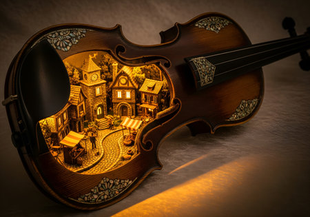 Vintage violin on the background of a wooden house in the shape of a houseの素材