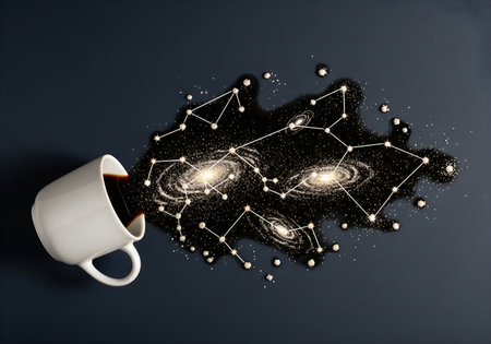 Coffee cup and connection lines on dark background. 3d renderingの素材