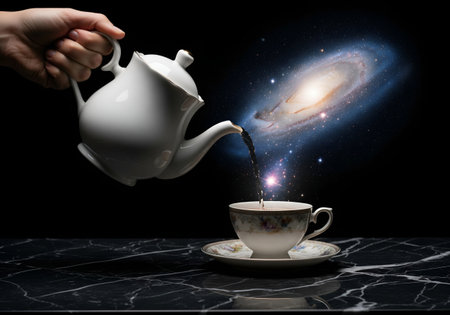 Pouring tea from teapot into cup on black marble tableの素材