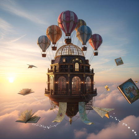 Fantasy landscape with hot air balloons flying over clouds. 3D renderingの素材