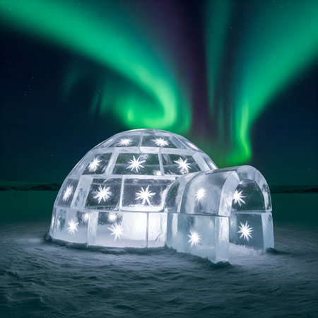 Illuminated igloo on ice with northern lights in the backgroundの素材