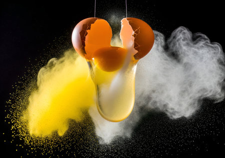 Broken egg with yellow powder on black background. Creative concept.の素材
