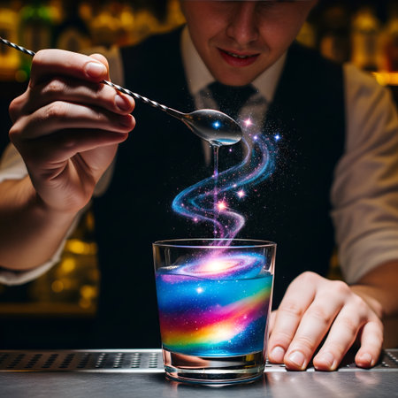 Close-up image of professional bartender pouring colorful cocktail into glass.の素材