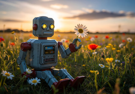 Vintage robot with camomile flower in the field at sunsetの素材