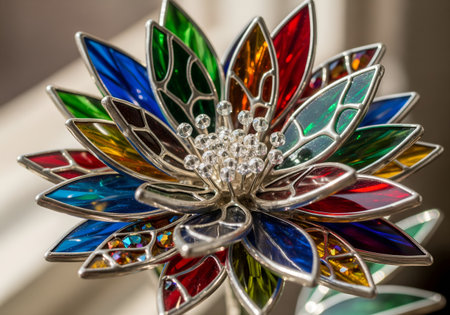 Colorful glass brooch in the shape of a flower, close upの素材