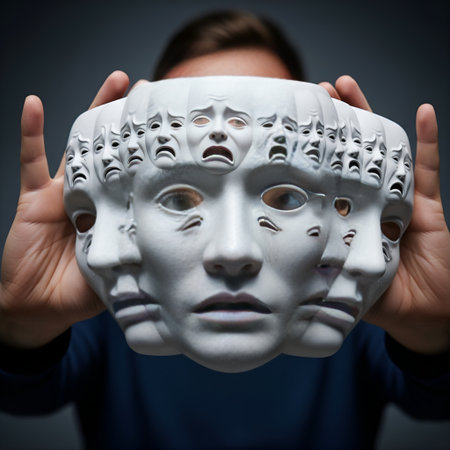 Woman with white mask on her face. Conceptual image of human emotions.の素材