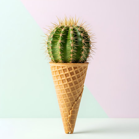 Ice cream cone with cactus on pastel background. Minimal conceptの素材