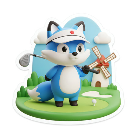 cute cartoon fox with golf club on the golf course. 3d renderingの素材