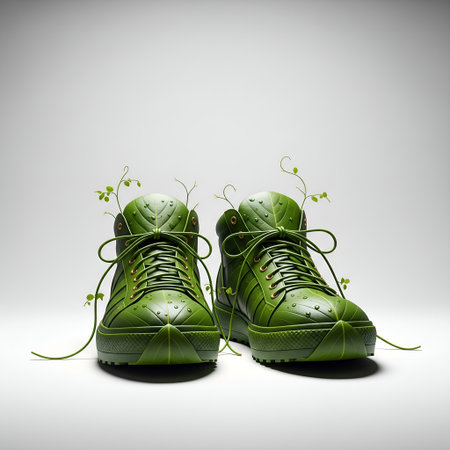 Pair of green shoes with ivy leaves on a gray backgroundの素材