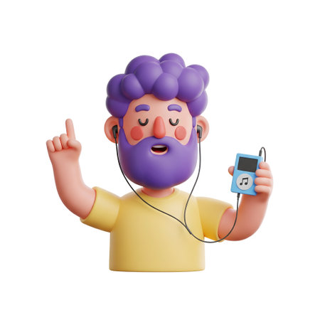 Cartoon man listening to music with mp3 player. Vector illustration.の素材