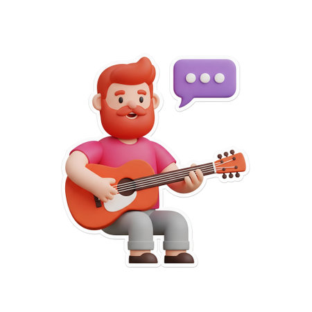 Vector illustration of a cartoon man playing acoustic guitar with speech bubble.の素材