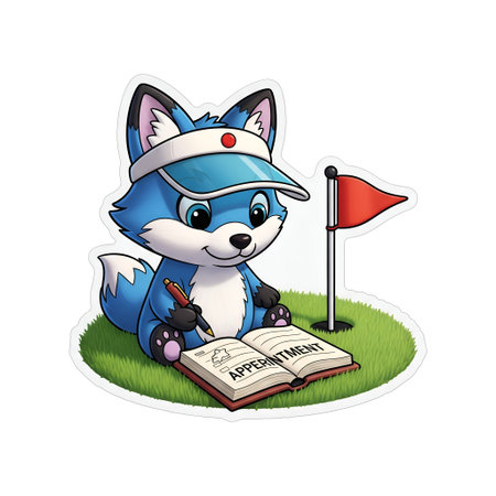 Cute cartoon fox with a book and a flag on the grassの素材
