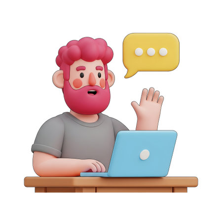 Vector illustration of a man sitting at the table with laptop and speech bubbleの素材