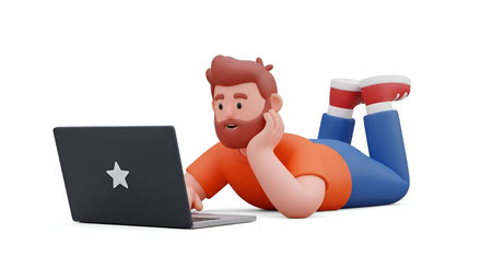 Cartoon man relaxing with laptop. Ideal for work from home, digital lifestyle, and casual computing concepts.の素材