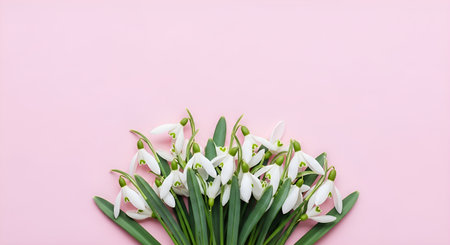 Delicate snowdrop bouquet against a soft pink background creates a fresh springtime vibe. Perfect for invitations or marketing material.の素材