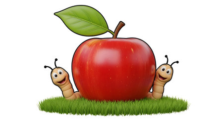 A delightful illustration of a bright red apple with two cheerful worms, perfect for educational materials, playful designs, and promoting healthy eating for children.の素材