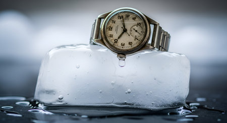 Illustrates fleeting time, deadlines, and pressure. Watch on ice creates a cold, urgent, and dramatic feeling. Evokes intensity.の素材