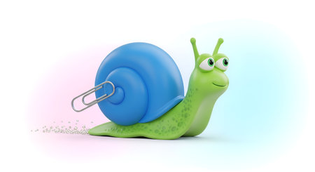 A cheerful cartoon snail, playfully dragging a paperclip, embodies time management and efficiency. Perfect for illustrating concepts like slow progress or overcoming challenges in a lighthearted way.の素材
