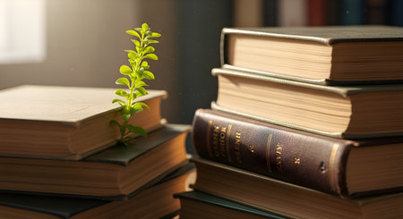 Inspiring learning and growth. Books stacked with a vibrant sprout symbolize knowledge and future development, great for any academic venture.の素材