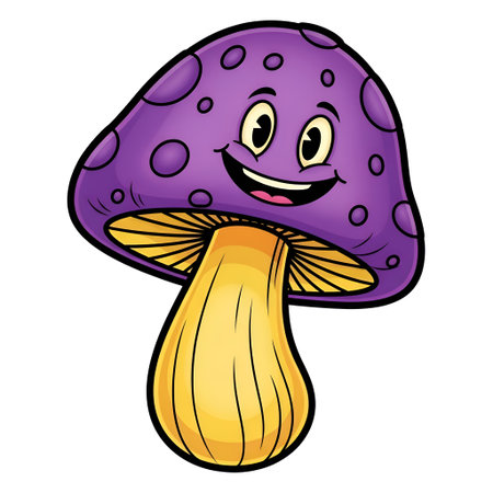 A happy cartoon mushroom, perfect for children's books, playful branding, or adding a touch of whimsy to any project. Its vibrant colors and cheerful expression make it a delightful asset.の素材